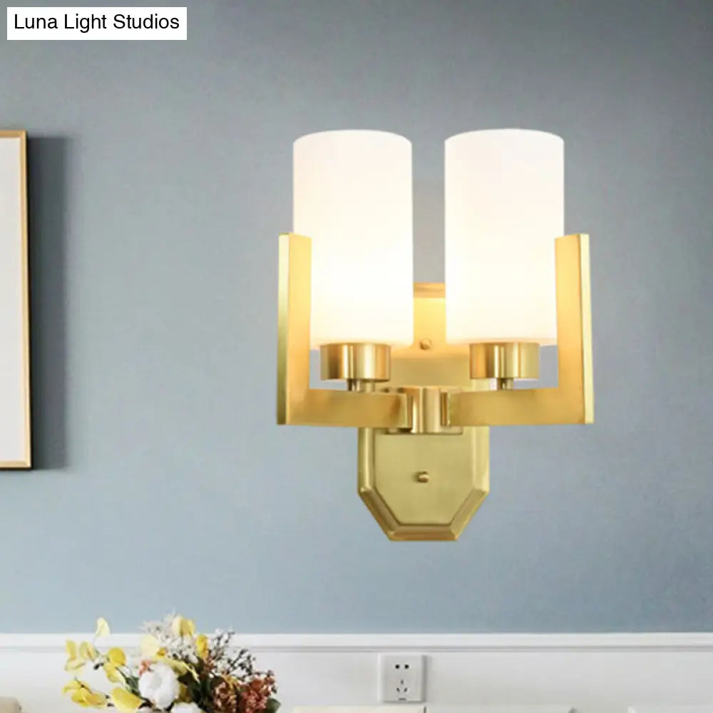 Gold Wall Sconce With Milk Glass Shades And Modernist Cylinder Design (2 Heads)