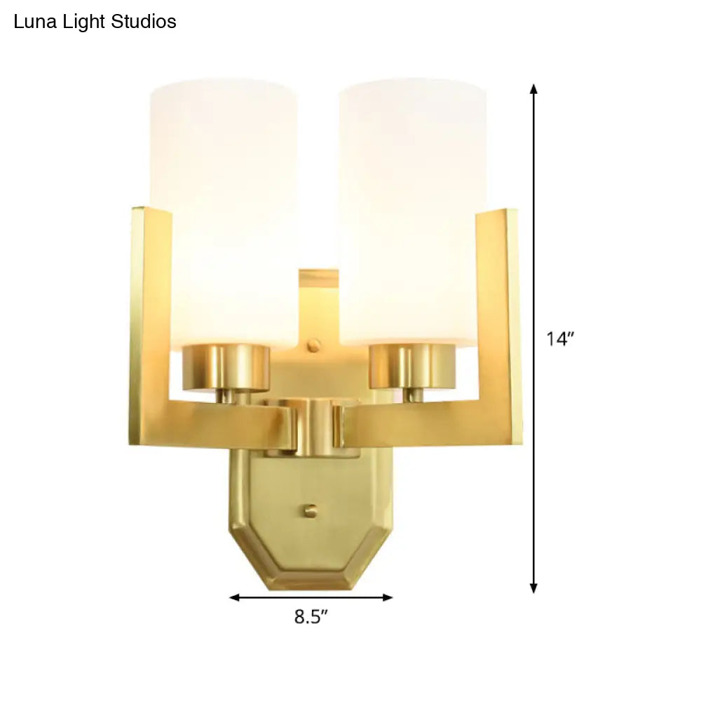 Gold Wall Sconce With Milk Glass Shades And Modernist Cylinder Design (2 Heads)