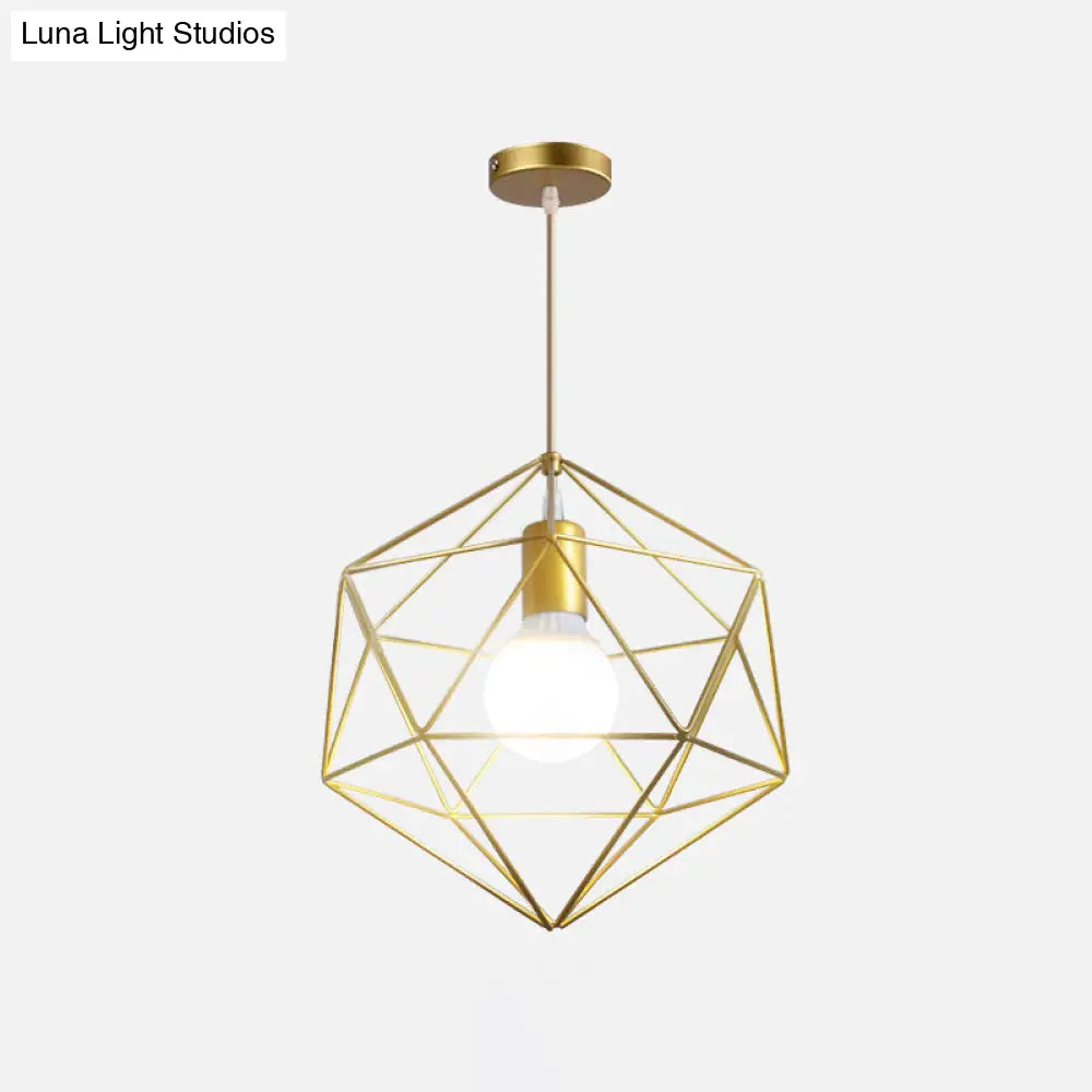 Nordic Style Gold Metal Wire Cage Pendant Light For Dining Room Ceiling / Rhombus