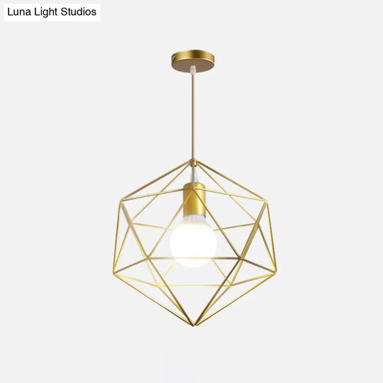 Nordic Style Gold Metal Wire Cage Pendant Light For Dining Room Ceiling / Rhombus