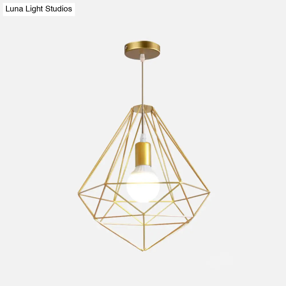 Nordic Style Gold Metal Wire Cage Pendant Light For Dining Room Ceiling / Polygon