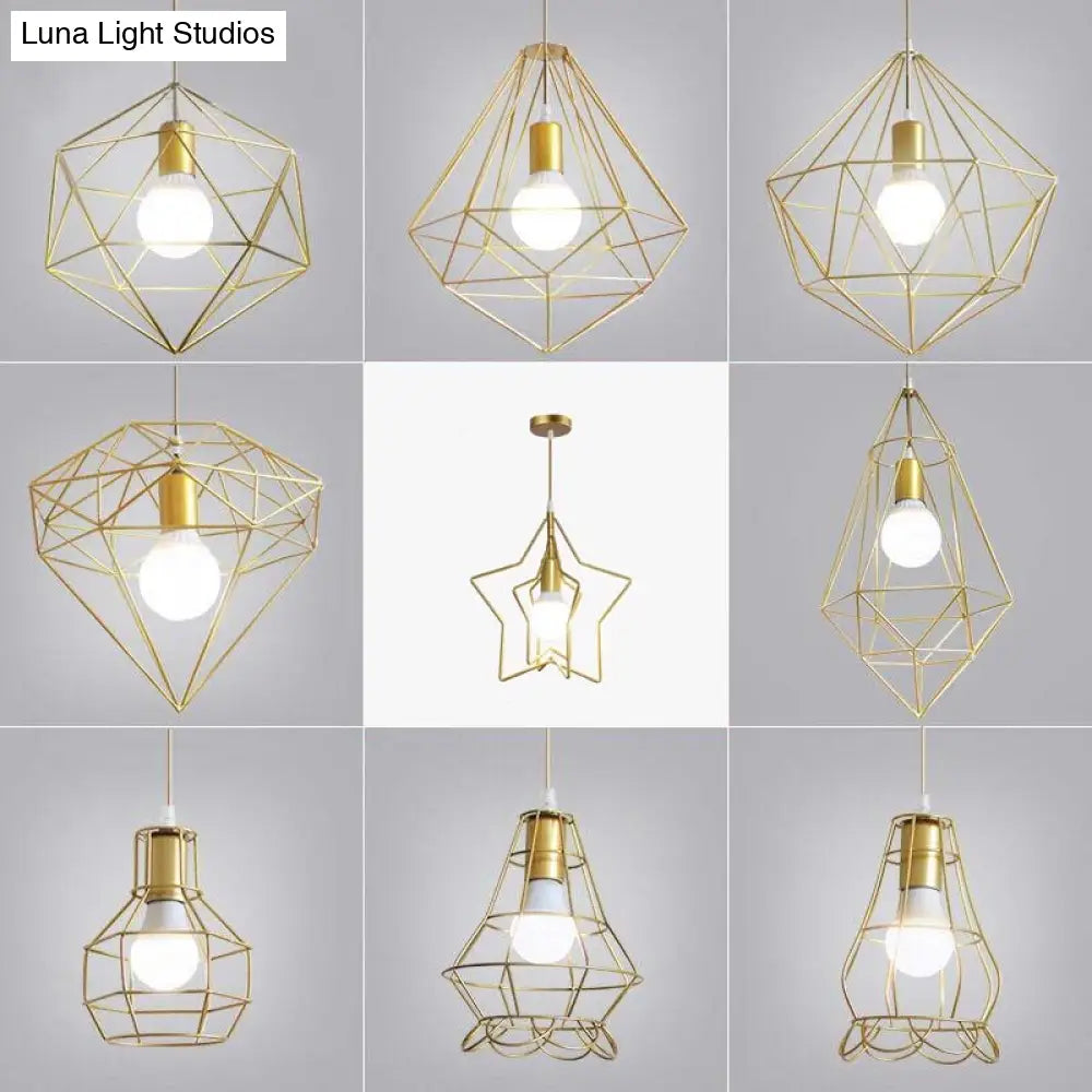 Nordic Style Gold Metal Wire Cage Pendant Light For Dining Room Ceiling