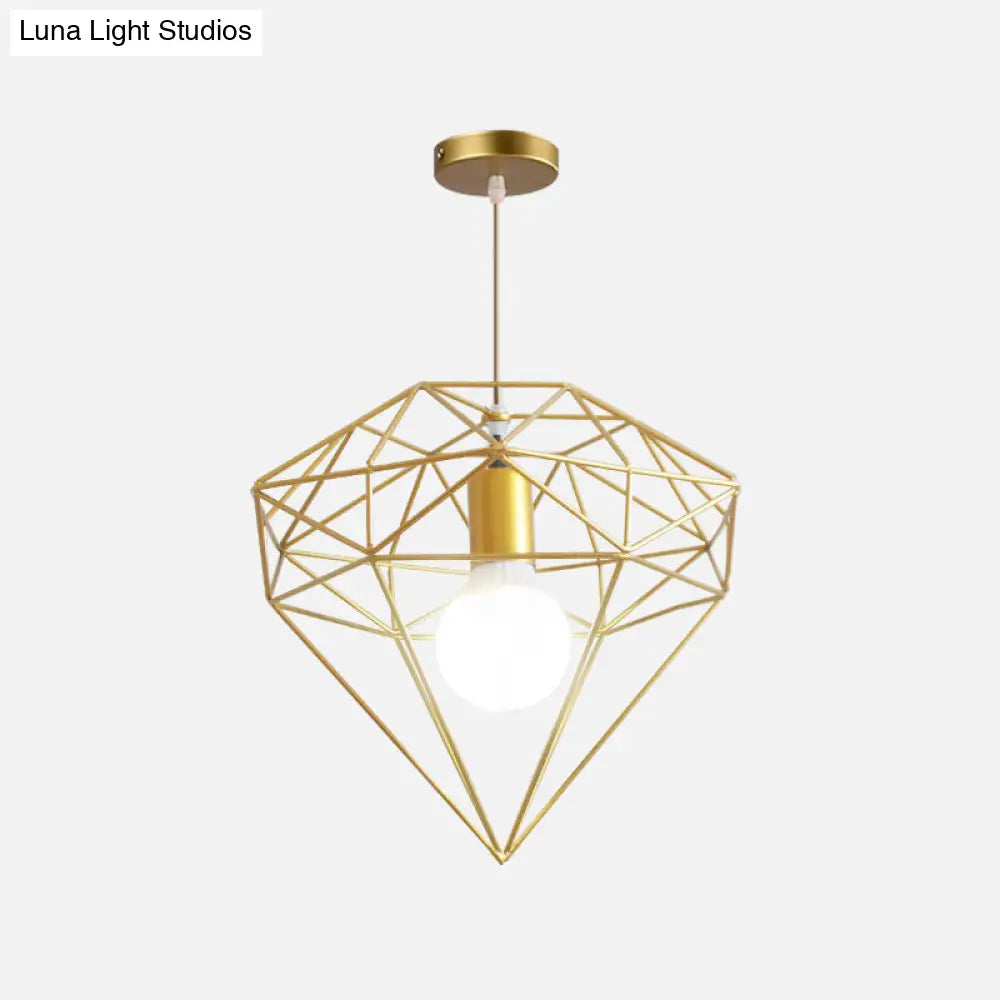 Nordic Style Gold Metal Wire Cage Pendant Light For Dining Room Ceiling / Diamond