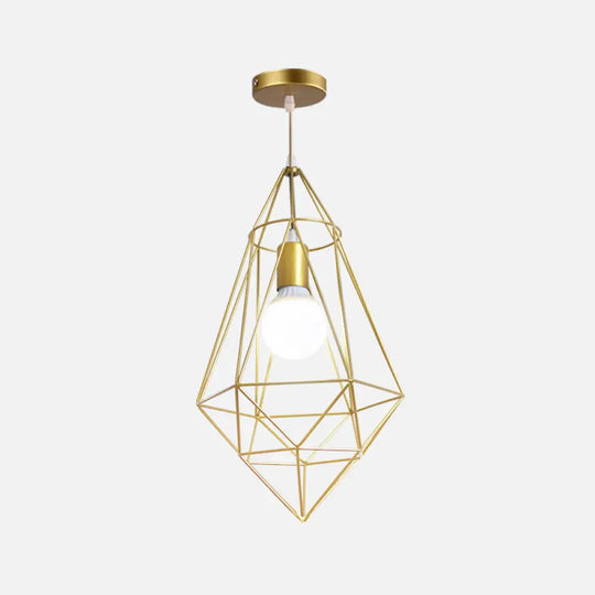 Gold Wire Cage Pendant Light - Nordic Style Ceiling Lamp For Dining Room / Long Cone