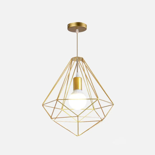 Gold Wire Cage Pendant Light - Nordic Style Ceiling Lamp For Dining Room / Polygon