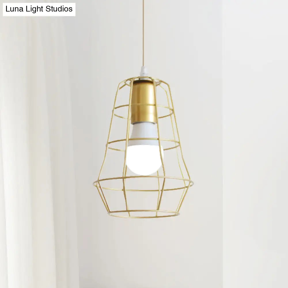 Gold Wire Cage Pendant Light - Retro Industrial Iron Hanging Lamp With Shade For Coffee Shop