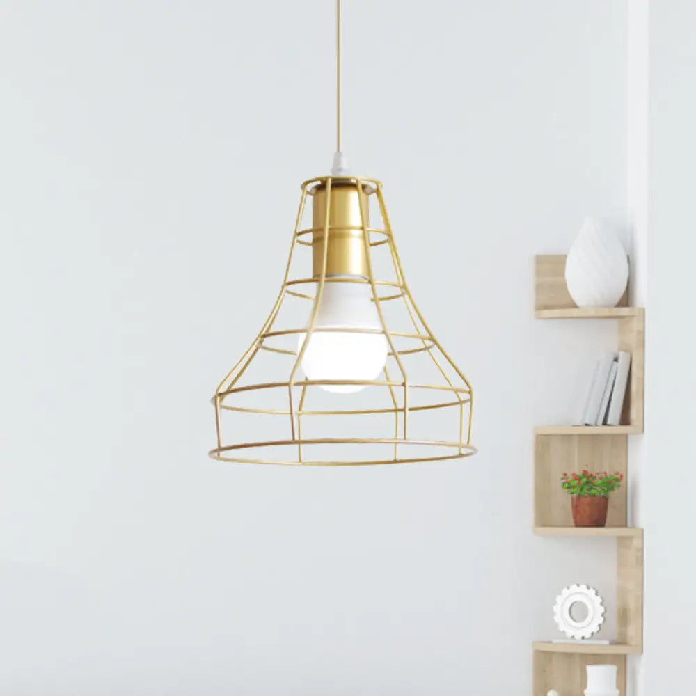 Gold Wire Cage Pendant Light - Retro Industrial Iron Hanging Lamp With Shade For Coffee Shop / B