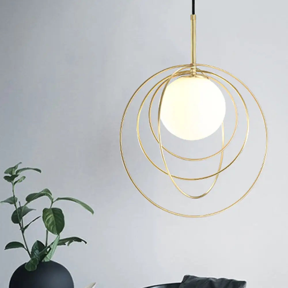Gold Wire Cage Pendant Light With Opal Glass Shade - Moveable & Modern Design