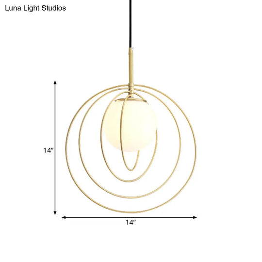 Gold Pendant Light With Opal Glass Shade - Moveable Wire Cage Pendulum