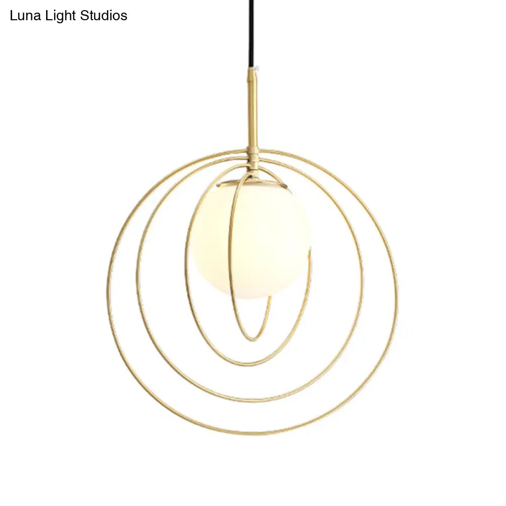 Gold Pendant Light With Opal Glass Shade - Moveable Wire Cage Pendulum