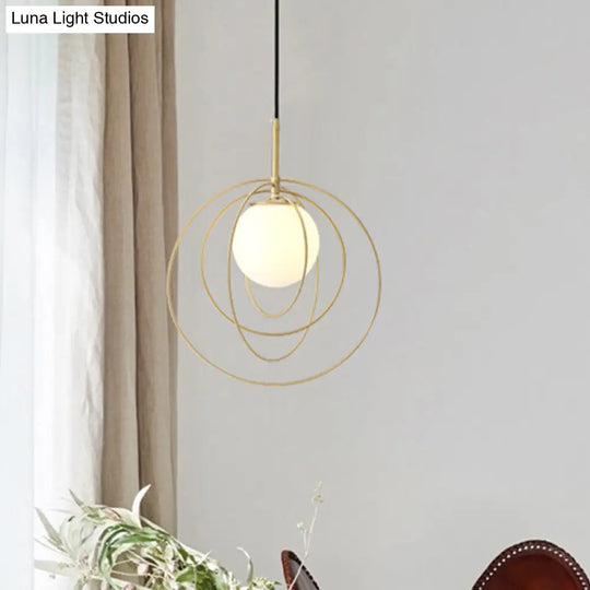 Gold Pendant Light With Opal Glass Shade - Moveable Wire Cage Pendulum