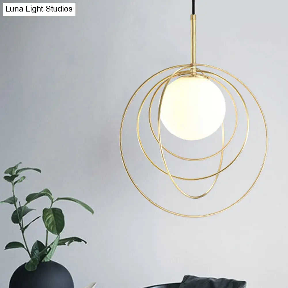 Gold Pendant Light With Opal Glass Shade - Moveable Wire Cage Pendulum