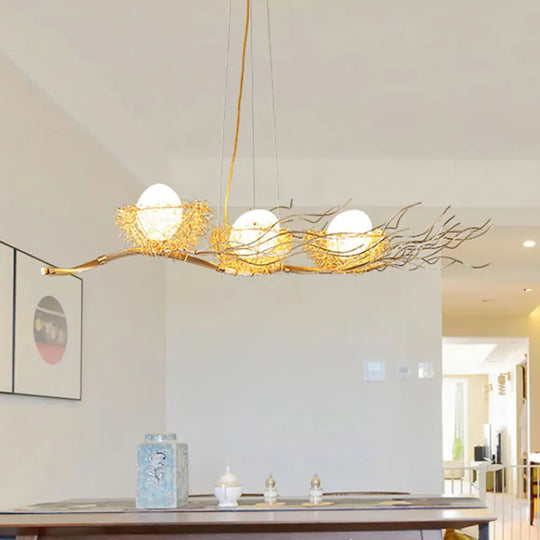 Gold Wire Mesh Bird Nest Chandelier - Modern 3-Light Island Lighting For Restaurants