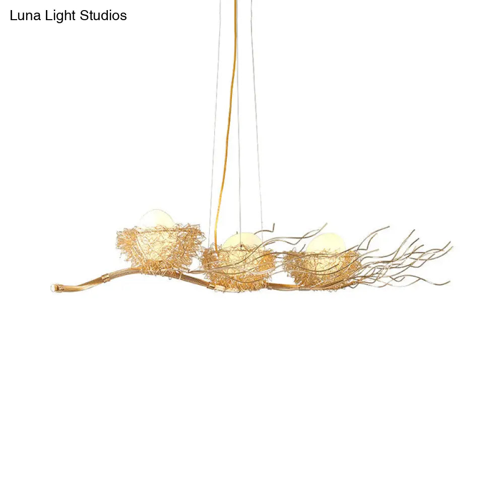 Gold Wire Mesh Bird Nest Chandelier - Modern 3-Light Island Lighting For Restaurants