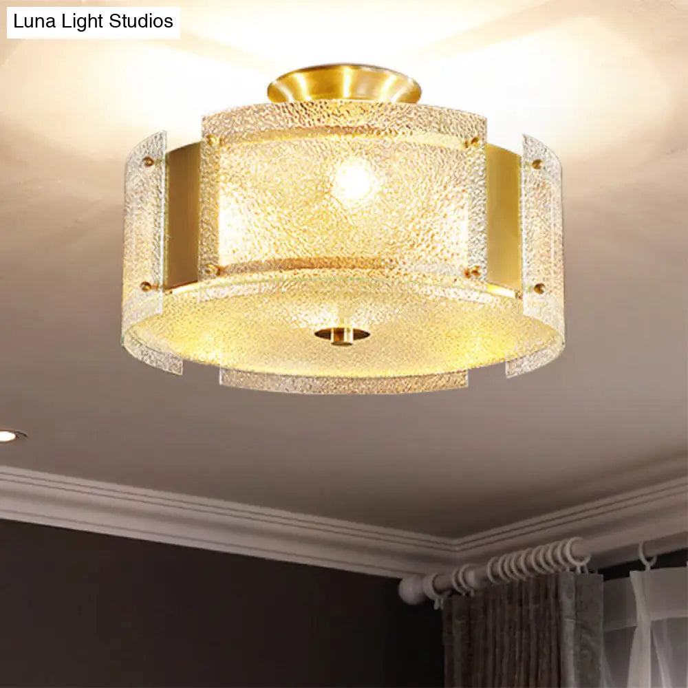 Golden 4-Light Ceiling Fixture With Water Glass Semi Flush Drum Design Gold