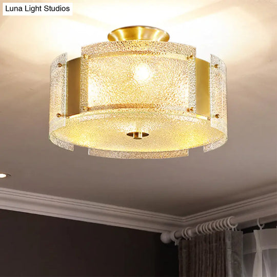 Golden 4-Light Ceiling Fixture With Water Glass Semi Flush Drum Design Gold