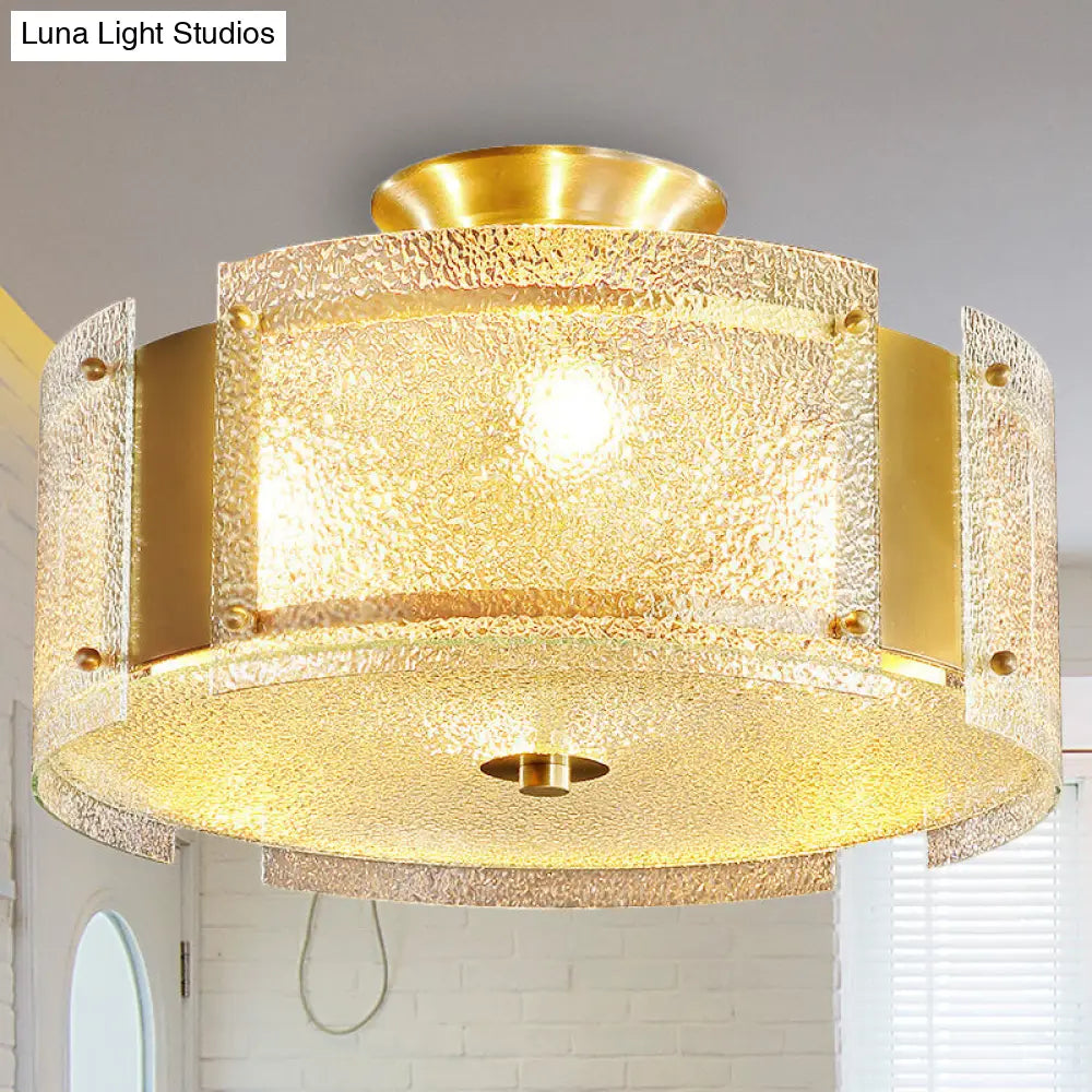 Golden 4-Light Ceiling Fixture With Water Glass Semi Flush Drum Design