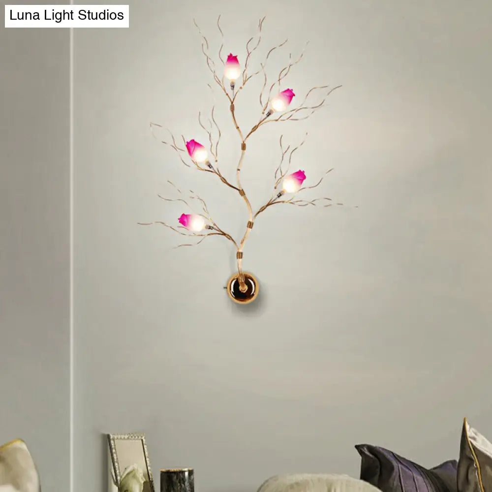 Golden Aluminum Wall Mount Sconce With 5 Artistic Rose Lights For Living Room