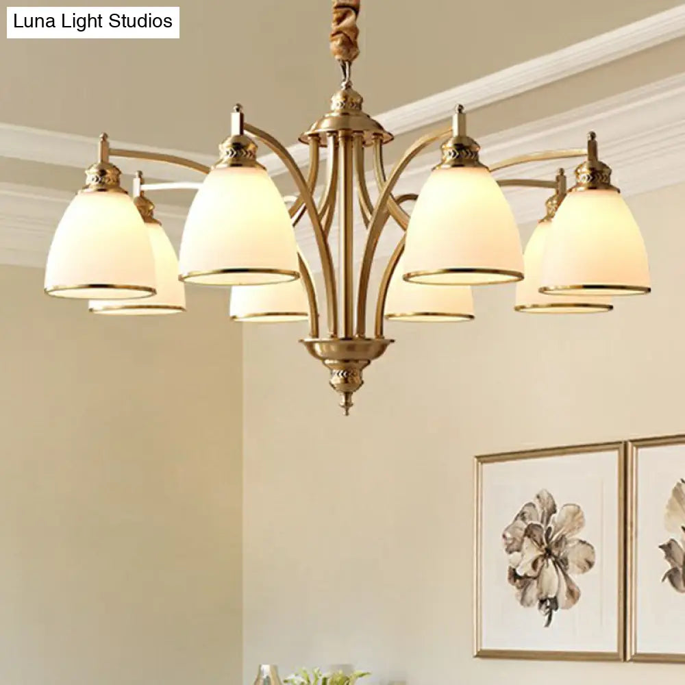 Golden Bell Chandelier: Classic Cream Glass Pendant Light For Living Room