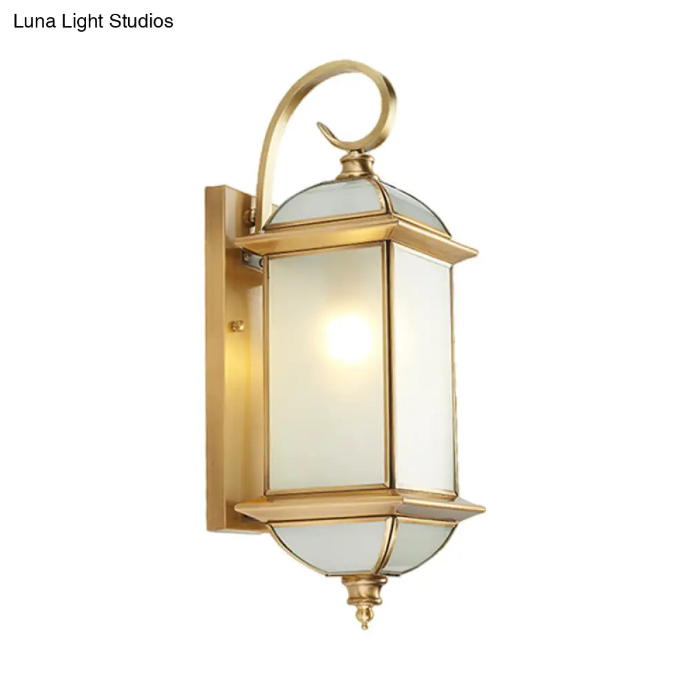 Golden Brass Curly Arm Wall Sconce With Frosted Glass Shade - Outdoor Lantern