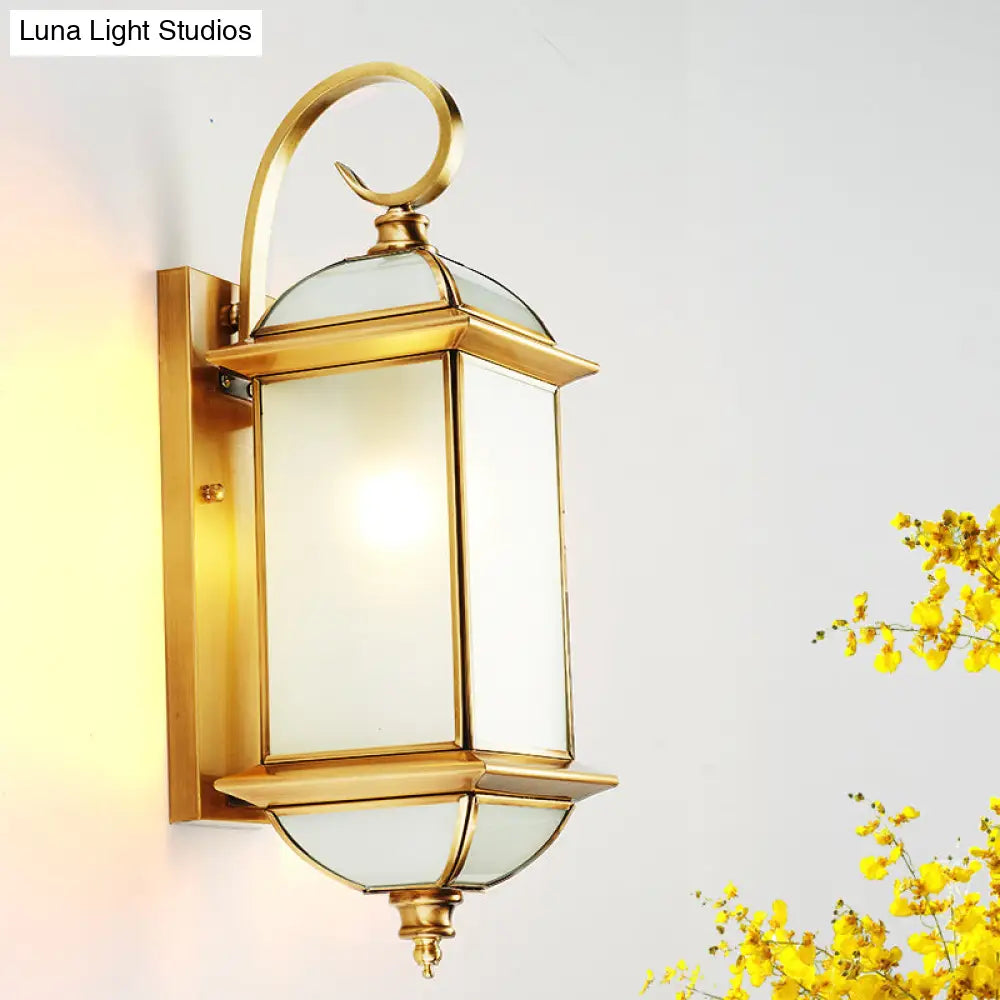 Golden Brass Curly Arm Wall Sconce With Frosted Glass Shade - Outdoor Lantern