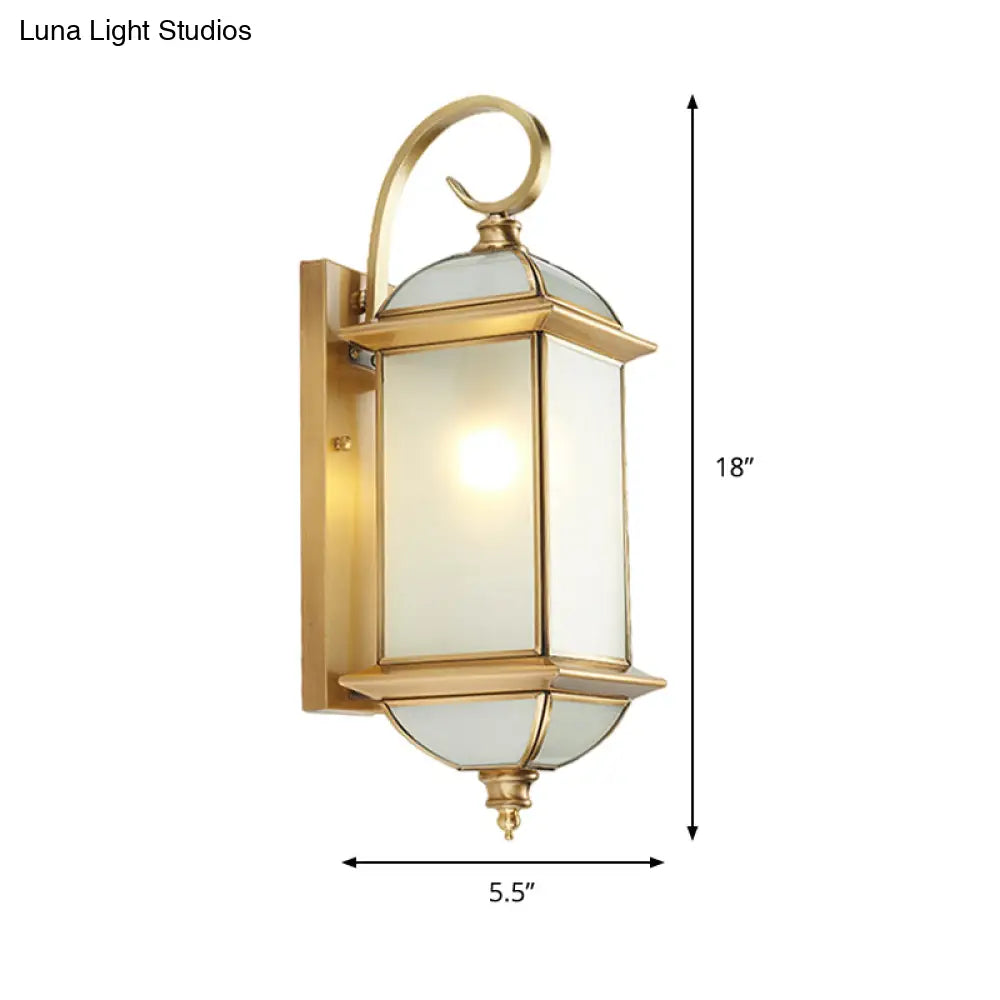 Golden Brass Curly Arm Wall Sconce With Frosted Glass Shade - Outdoor Lantern