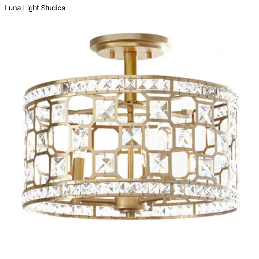Golden Chinese Style 3-Light Semi Flush Ceiling Fixture With Metallic Crystal Shade