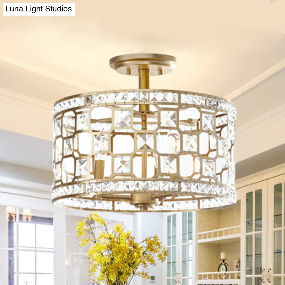 Golden Chinese Style 3-Light Semi Flush Ceiling Fixture With Metallic Crystal Shade Gold