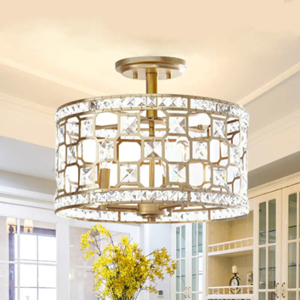 Golden Chinese Style 3 - Light Semi Flush Ceiling Fixture With Metallic Crystal Shade Gold
