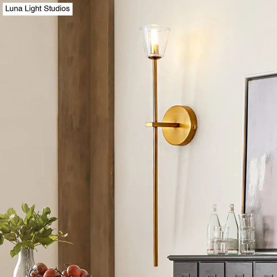 Golden Clean-Lined 1-Light Wall Lamp With Clear Grid Glass Shade For Elegant Hallways