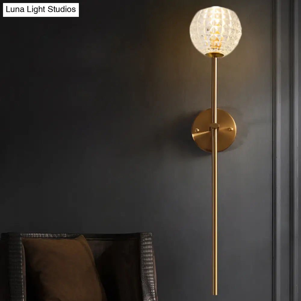 Golden Clean-Lined 1-Light Wall Lamp With Clear Grid Glass Shade For Elegant Hallways