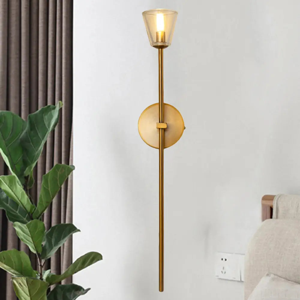 Golden Clean-Lined 1-Light Wall Lamp With Clear Grid Glass Shade For Elegant Hallways Gold / Cone