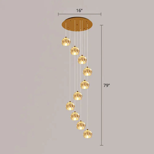 Golden Cluster Pendant Light With Faceted Cut Crystal Ball Design For Stairway Illumination 10 /
