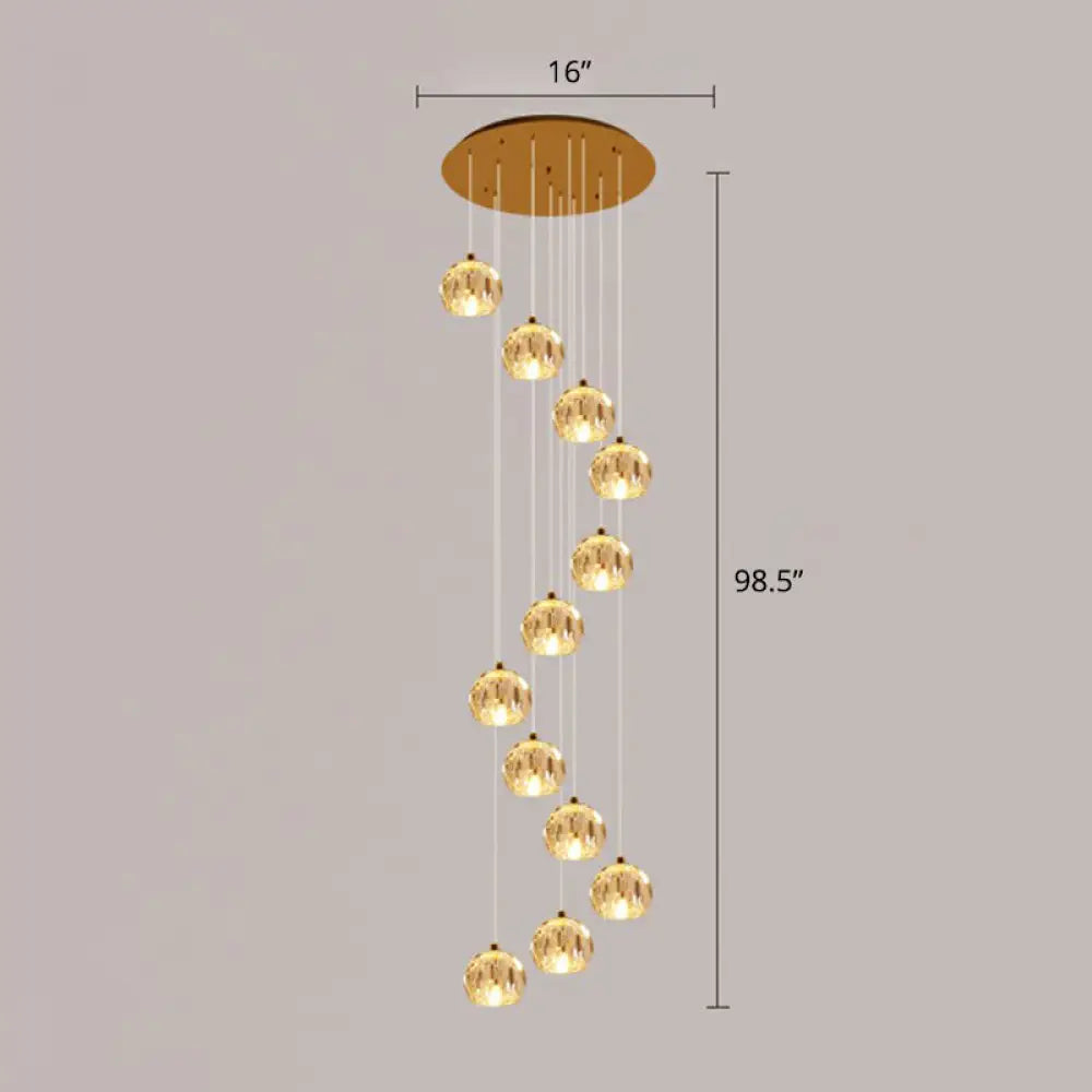 Golden Cluster Pendant Light With Faceted Cut Crystal Ball Design For Stairway Illumination 12 /