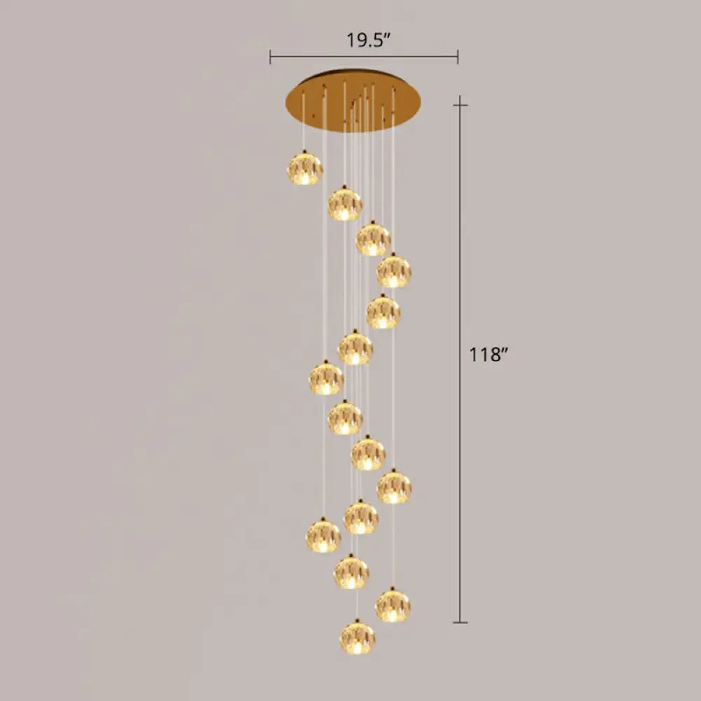 Golden Cluster Pendant Light With Faceted Cut Crystal Ball Design For Stairway Illumination 15 /