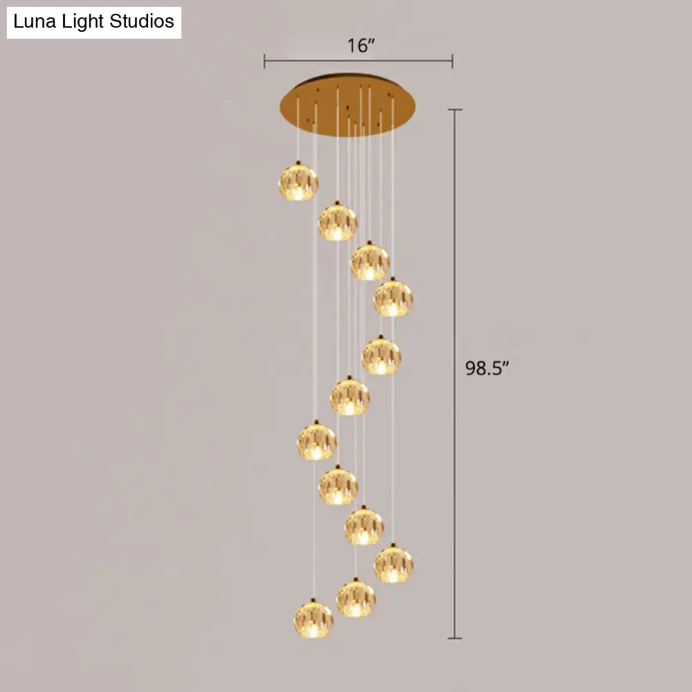 Minimalist Golden Crystal Ball Pendant Light For Stairs - Faceted Cut Ceiling Lamp Cluster 12 / Gold