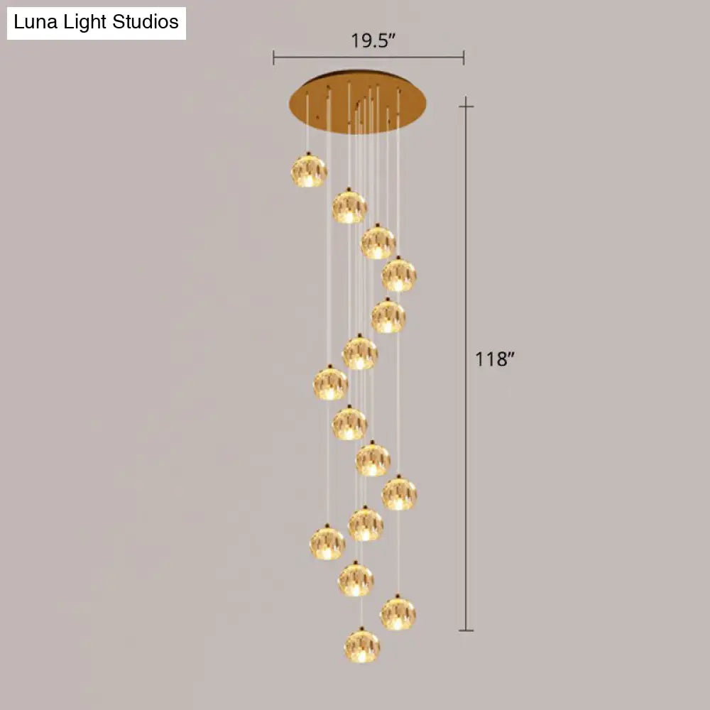 Minimalist Golden Crystal Ball Pendant Light For Stairs - Faceted Cut Ceiling Lamp Cluster 15 / Gold