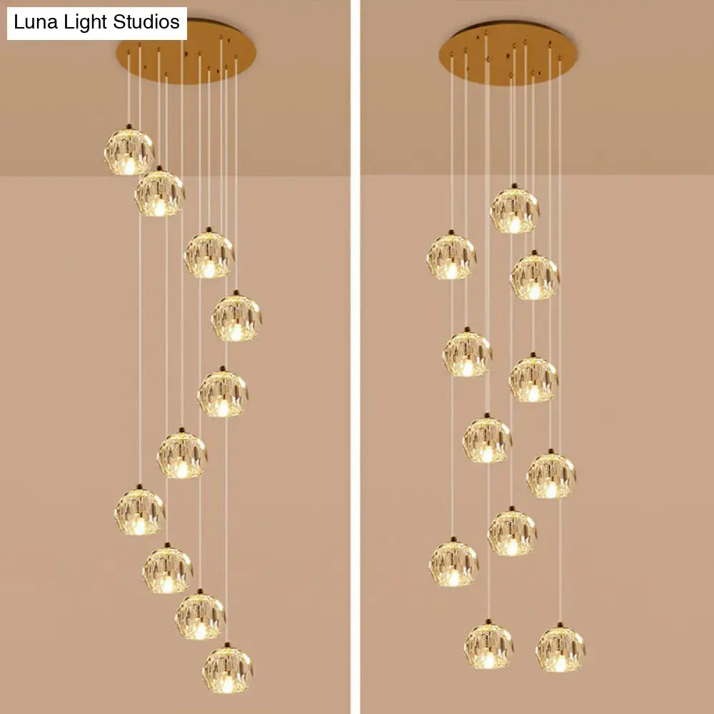 Minimalist Golden Crystal Ball Pendant Light For Stairs - Faceted Cut Ceiling Lamp Cluster