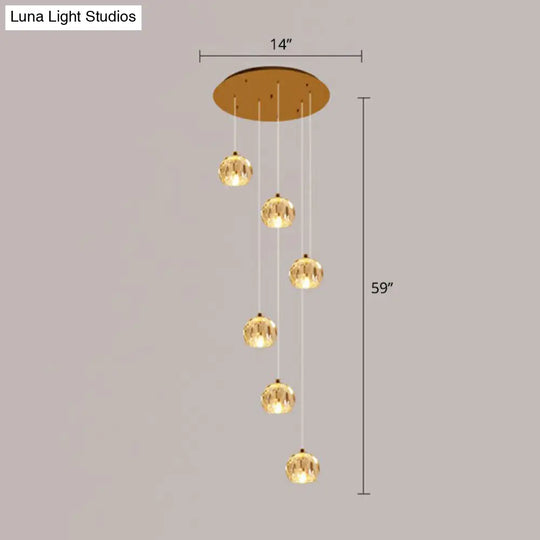 Minimalist Golden Crystal Ball Pendant Light For Stairs - Faceted Cut Ceiling Lamp Cluster 6 / Gold
