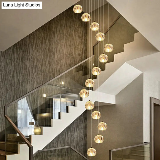 Minimalist Golden Crystal Ball Pendant Light For Stairs - Faceted Cut Ceiling Lamp Cluster