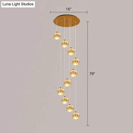 Minimalist Golden Crystal Ball Pendant Light For Stairs - Faceted Cut Ceiling Lamp Cluster 10 / Gold
