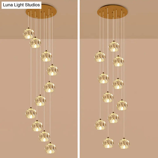 Golden Cluster Pendant Light With Faceted Cut Crystal Ball Design For Stairway Illumination