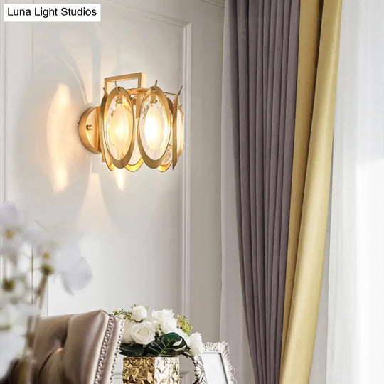 Golden Colonial Style Brass And Crystal Wall Sconce With Oval Lighting Fixture