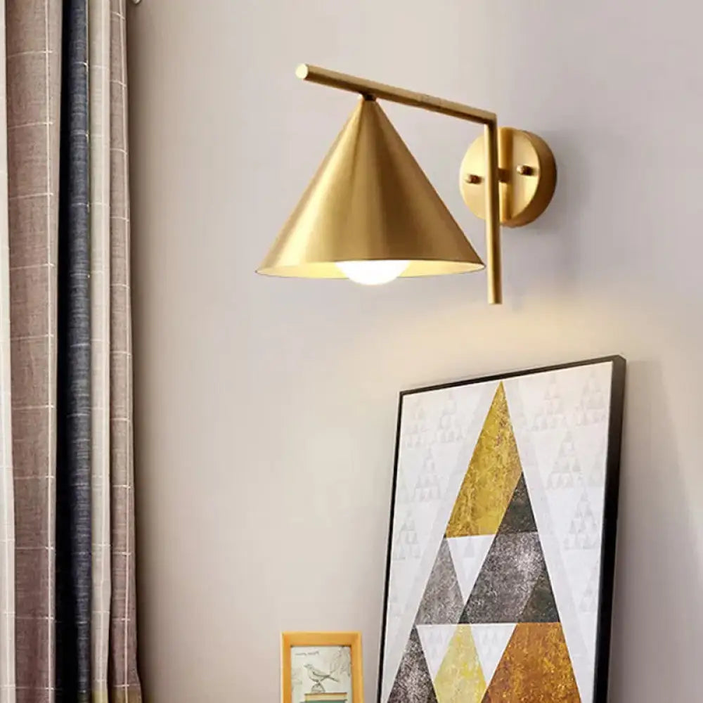 Golden Cone Sconce: Modernist Iron Wall Mounted Lamp With Right Angle Arm Gold