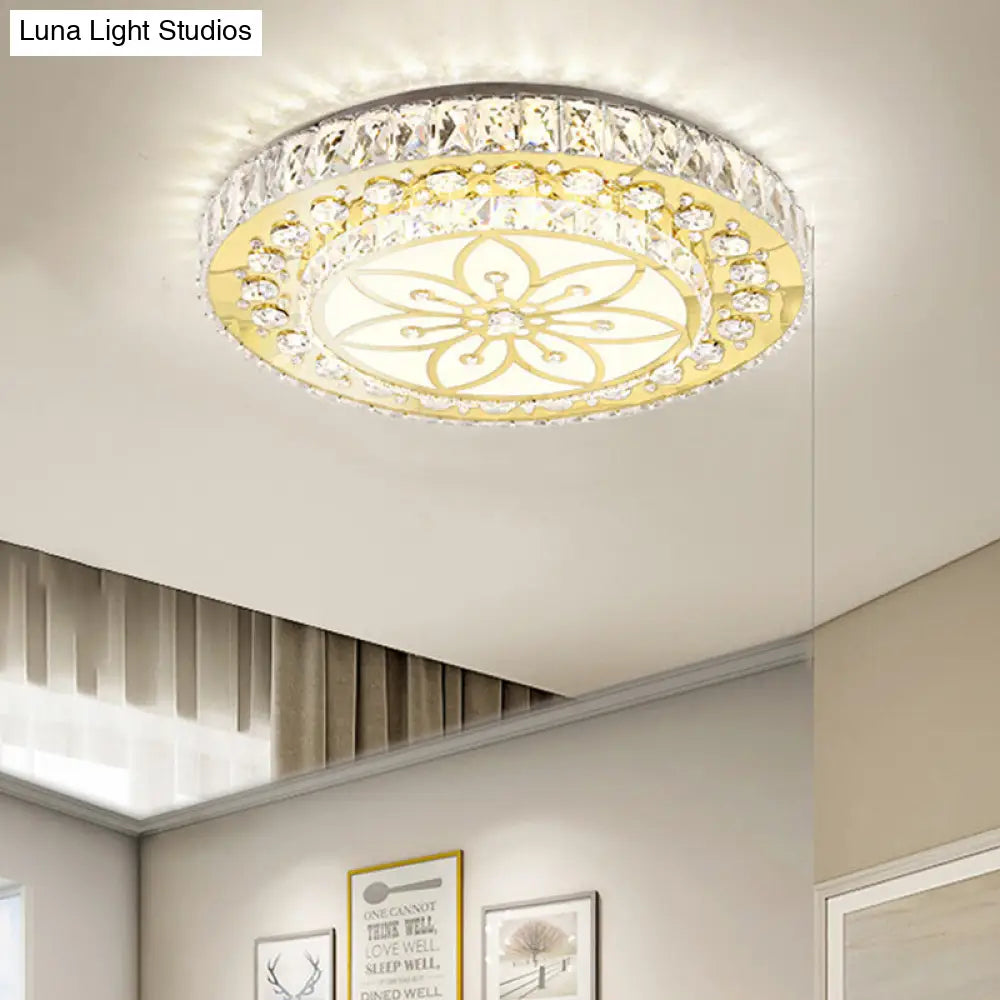 Golden Crystal Led Flushmount Ceiling Light - Modern 2-Tier Round 3Rd Gear Flush Lighting