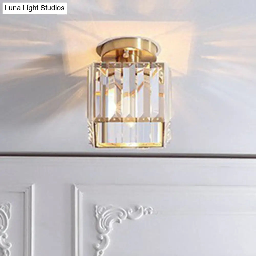 Golden Crystal Prism Semi Flush Mount Light For Foyer With Simple Style