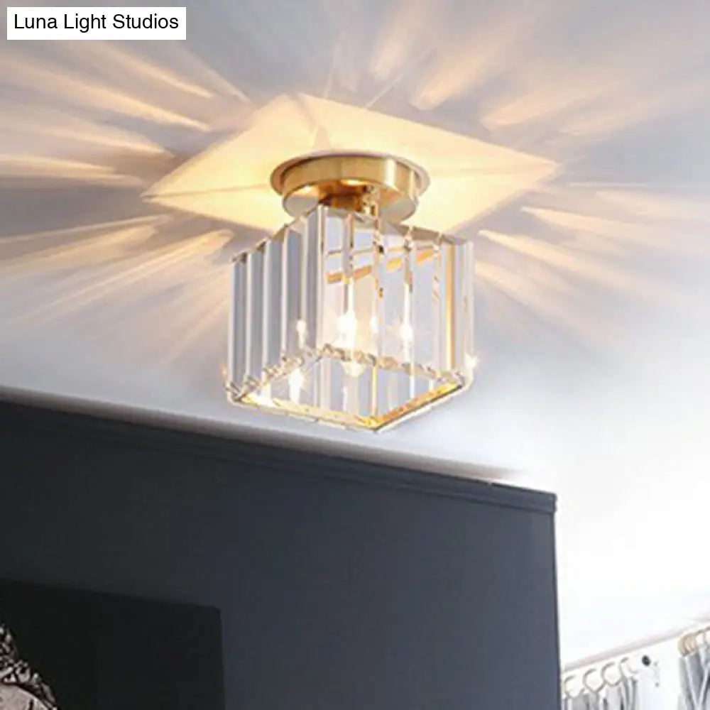 Golden Crystal Prism Semi Flush Mount Light For Foyer With Simple Style