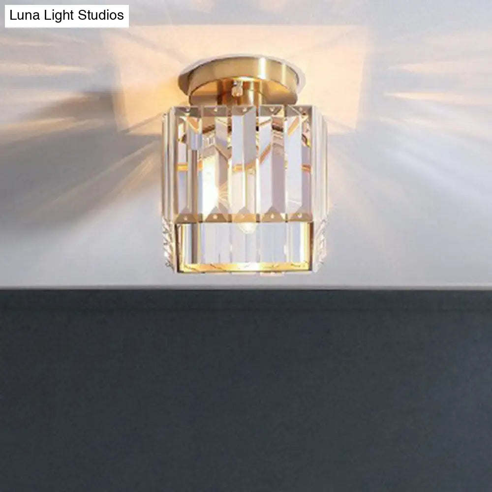 Golden Crystal Prism Semi Flush Mount Light For Foyer With Simple Style