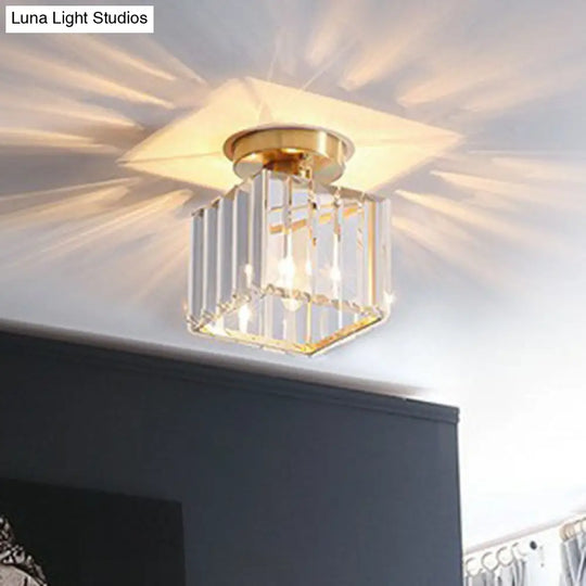 Golden Crystal Prism Semi Flush Mount Light For Foyer With Simple Style