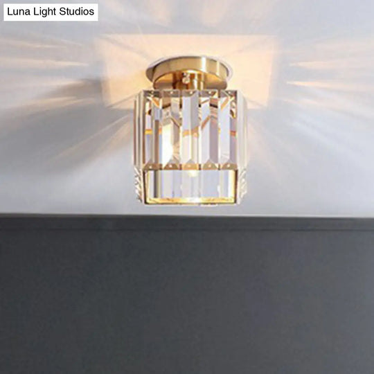 Golden Crystal Prism Semi Flush Mount Light For Foyer With Simple Style